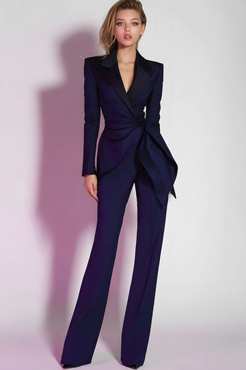 Dark Purple 2 Piece Notched Lapel Ruched Prom Suits with Sash